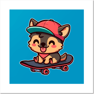 German Shepherd Puppy On A Skateboard Kawaii Skateboarding Posters and Art